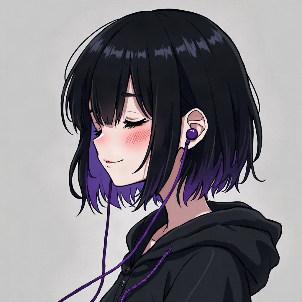 emo pfp — black hair with purple tips, eyes closed listening to music with earbuds, dark grey grunge texture
