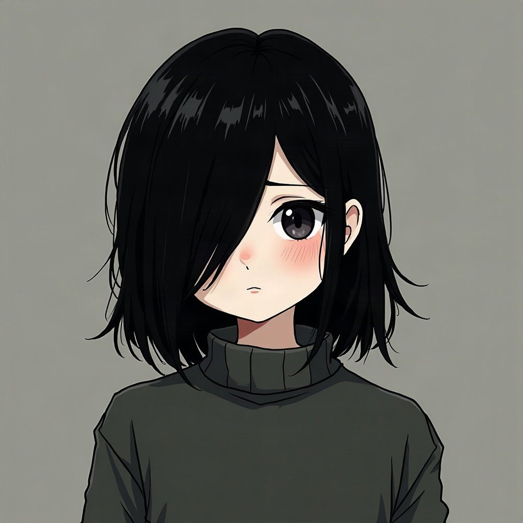 emo pfp — jet black side-swept fringe, soft sad half-smile, dark grey grunge texture