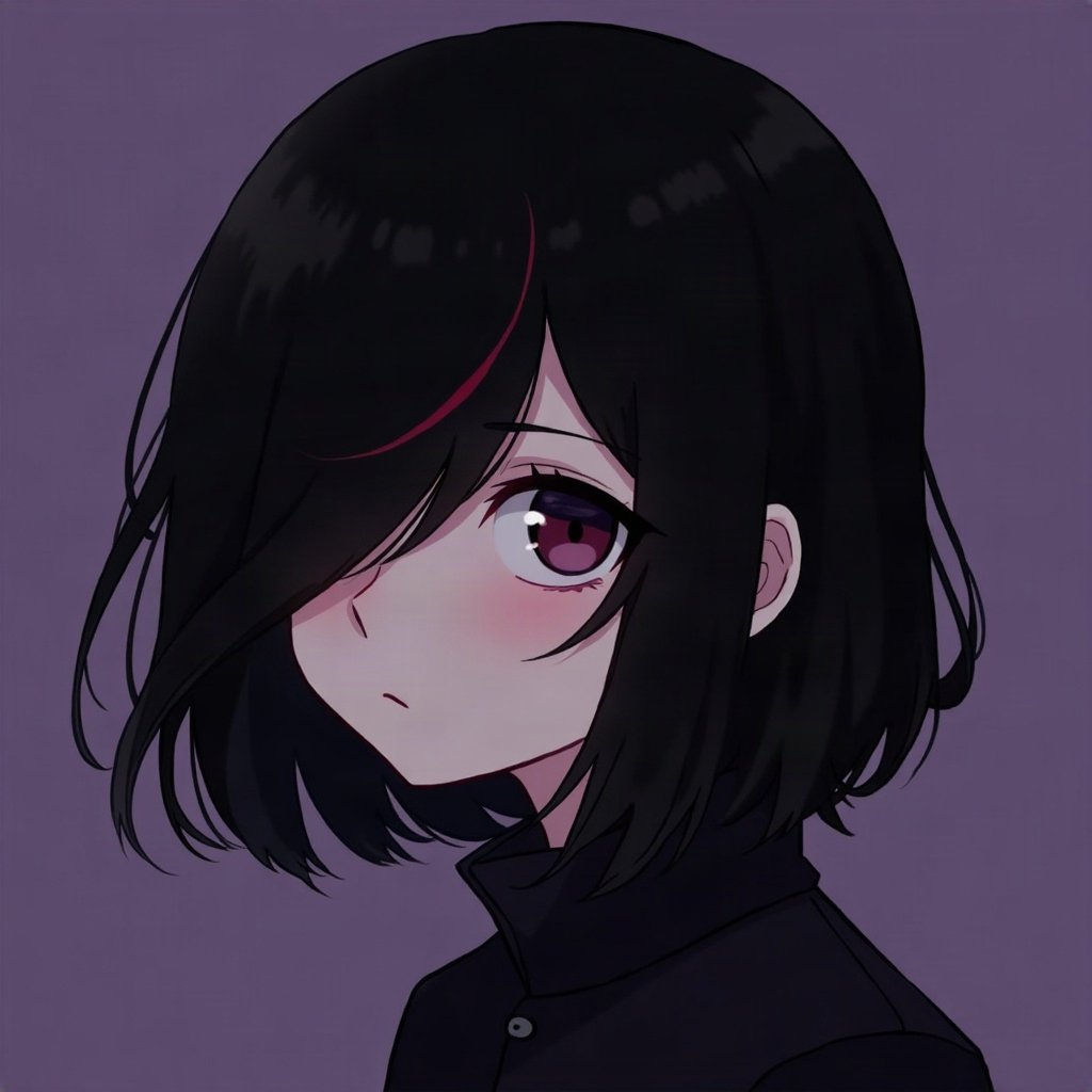 emo pfp — black hair with red streak, distant moody stare, deep purple gradient