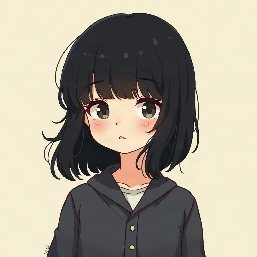 emo pfp — jet black side-swept fringe, soft sad half-smile, band-poster style wall