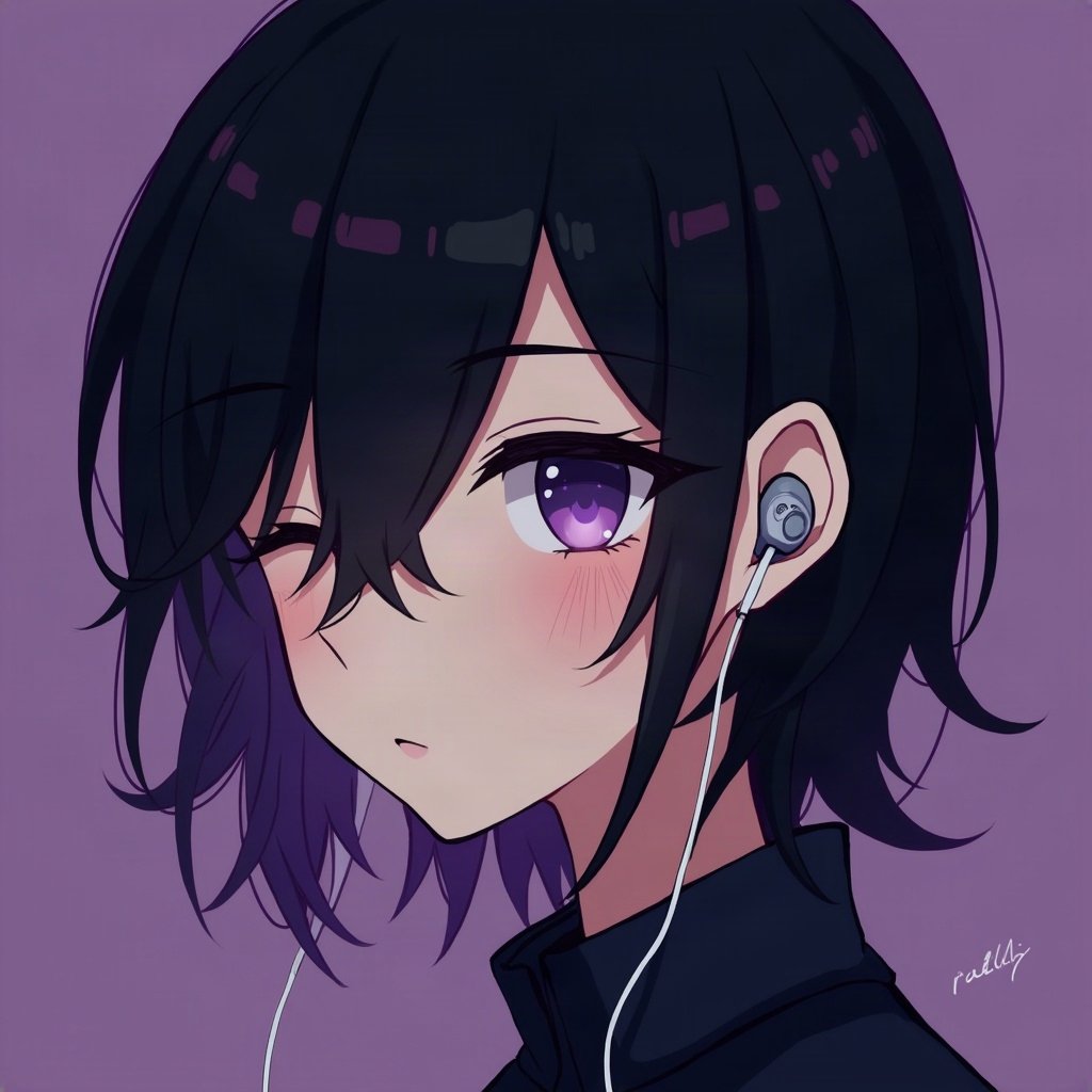emo pfp — black hair with purple tips, eyes closed listening to music with earbuds, deep purple gradient