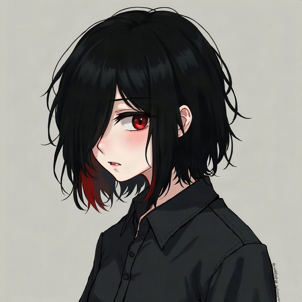 emo pfp — black hair with red streak, distant moody stare, dark grey grunge texture