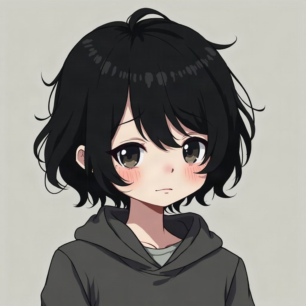 emo pfp — choppy dark layered hair, soft sad half-smile, dark grey grunge texture
