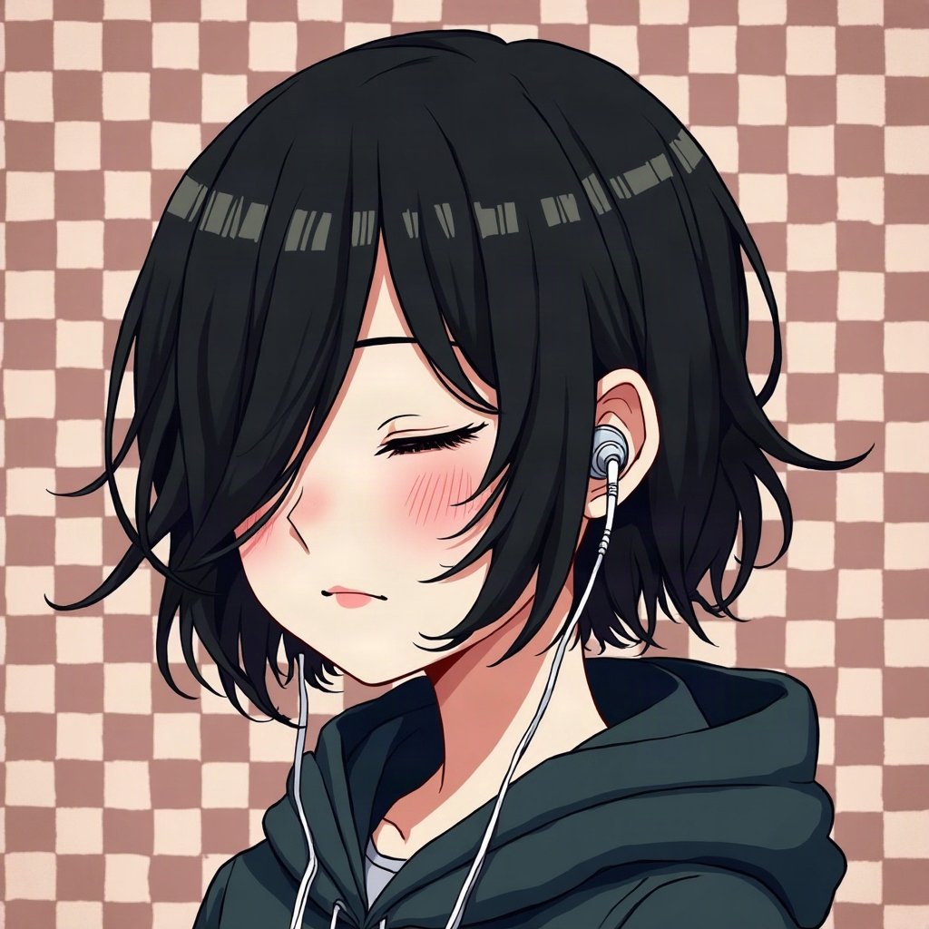 emo pfp — jet black side-swept fringe, eyes closed listening to music with earbuds, checkerboard pattern background