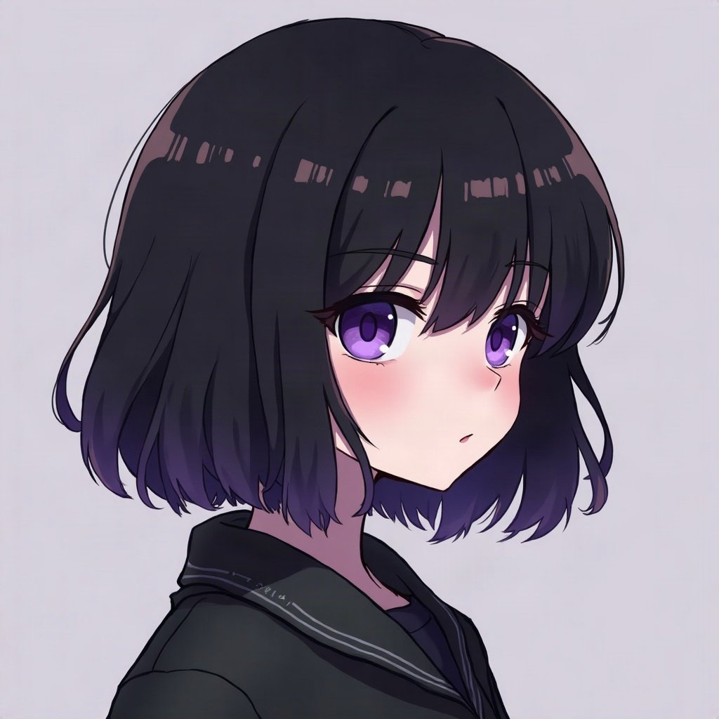 emo pfp — black hair with purple tips, distant moody stare, band-poster style wall