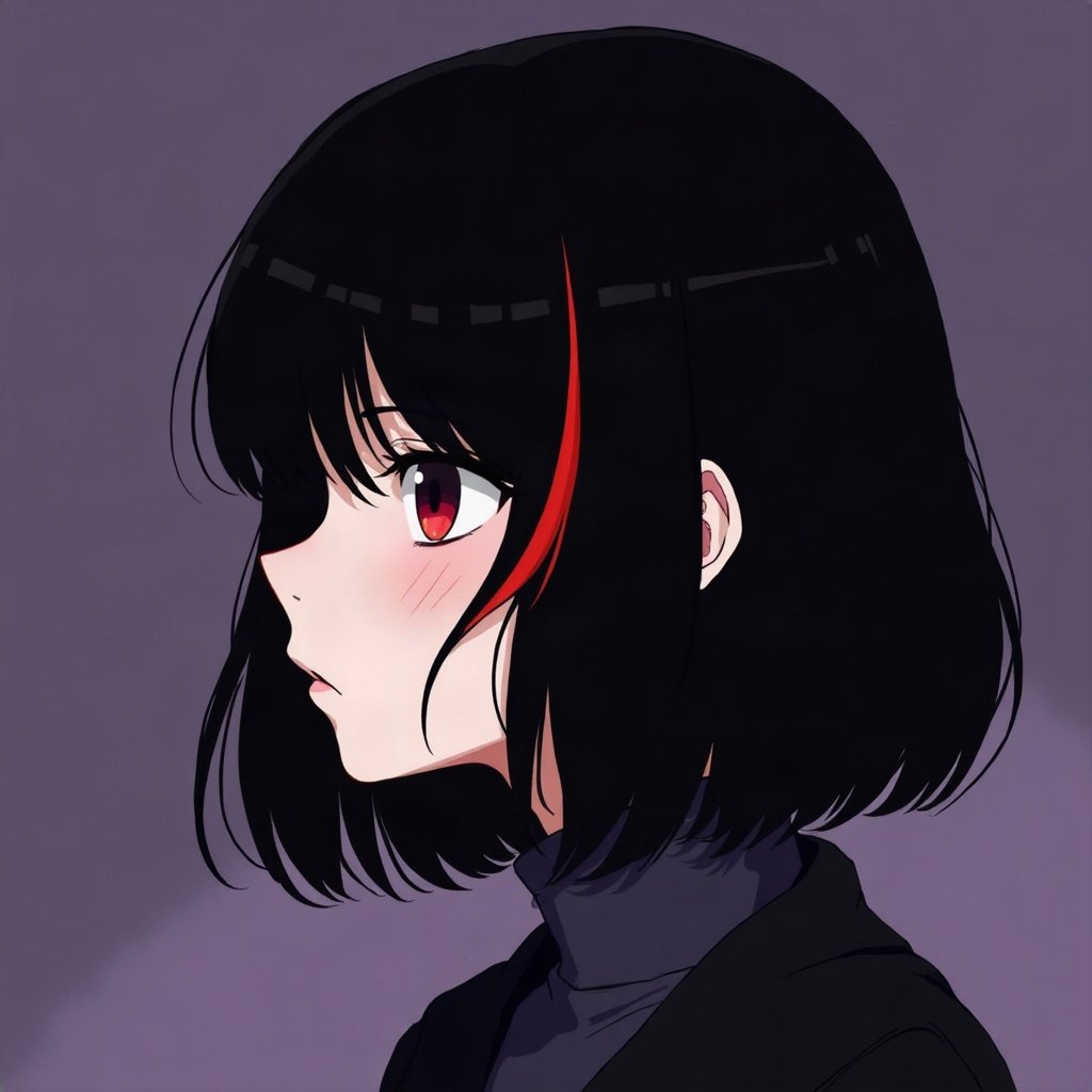 emo pfp — black hair with red streak, distant moody stare, deep purple gradient