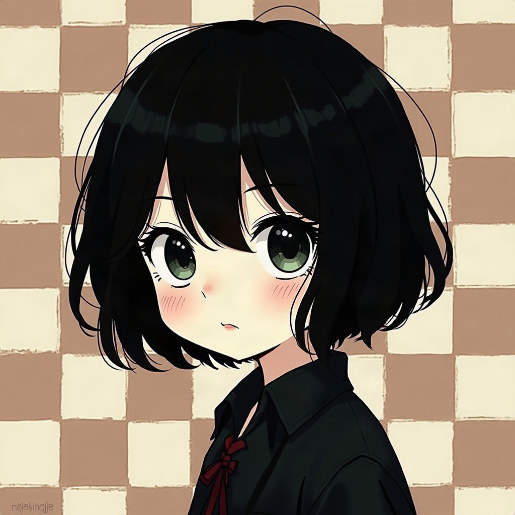 emo pfp — choppy dark layered hair, distant moody stare, checkerboard pattern background