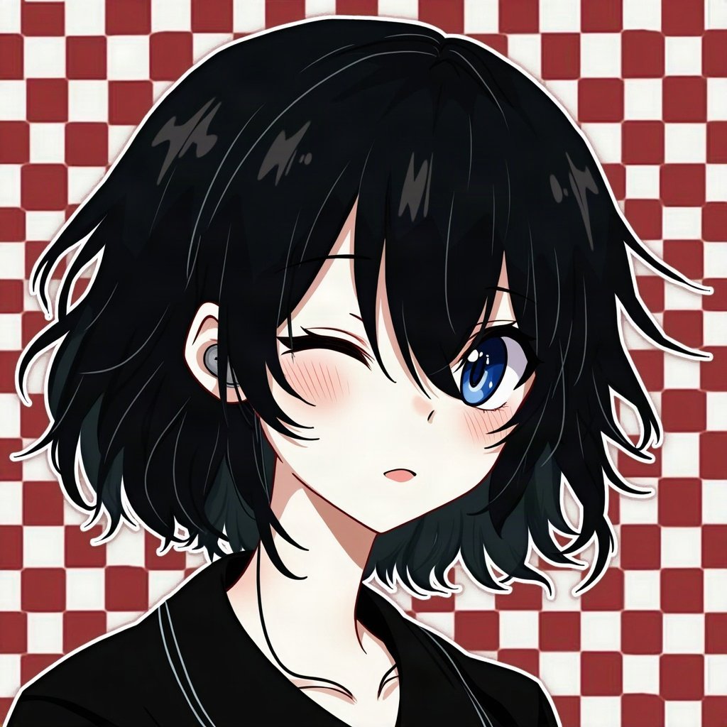 emo pfp — choppy dark layered hair, eyes closed listening to music with earbuds, checkerboard pattern background