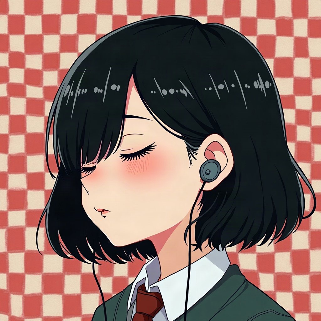 emo pfp — jet black side-swept fringe, eyes closed listening to music with earbuds, checkerboard pattern background