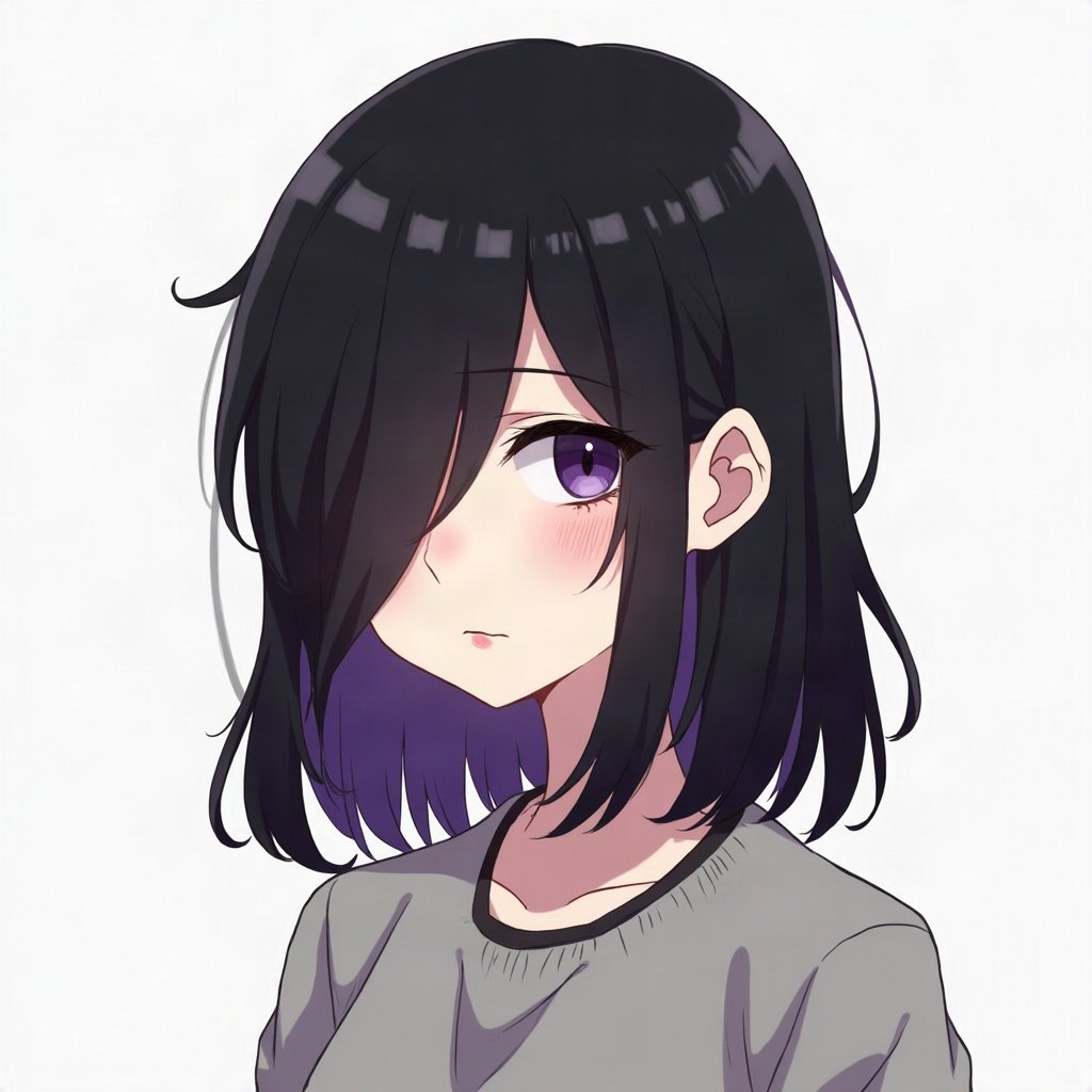 emo pfp — black hair with purple tips, soft sad half-smile, band-poster style wall