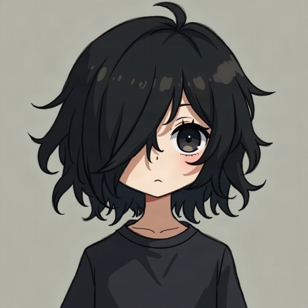 emo pfp — choppy dark layered hair, distant moody stare, dark grey grunge texture