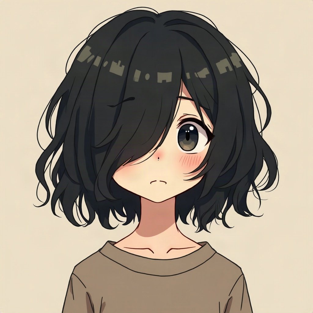 emo pfp — choppy dark layered hair, soft sad half-smile, band-poster style wall