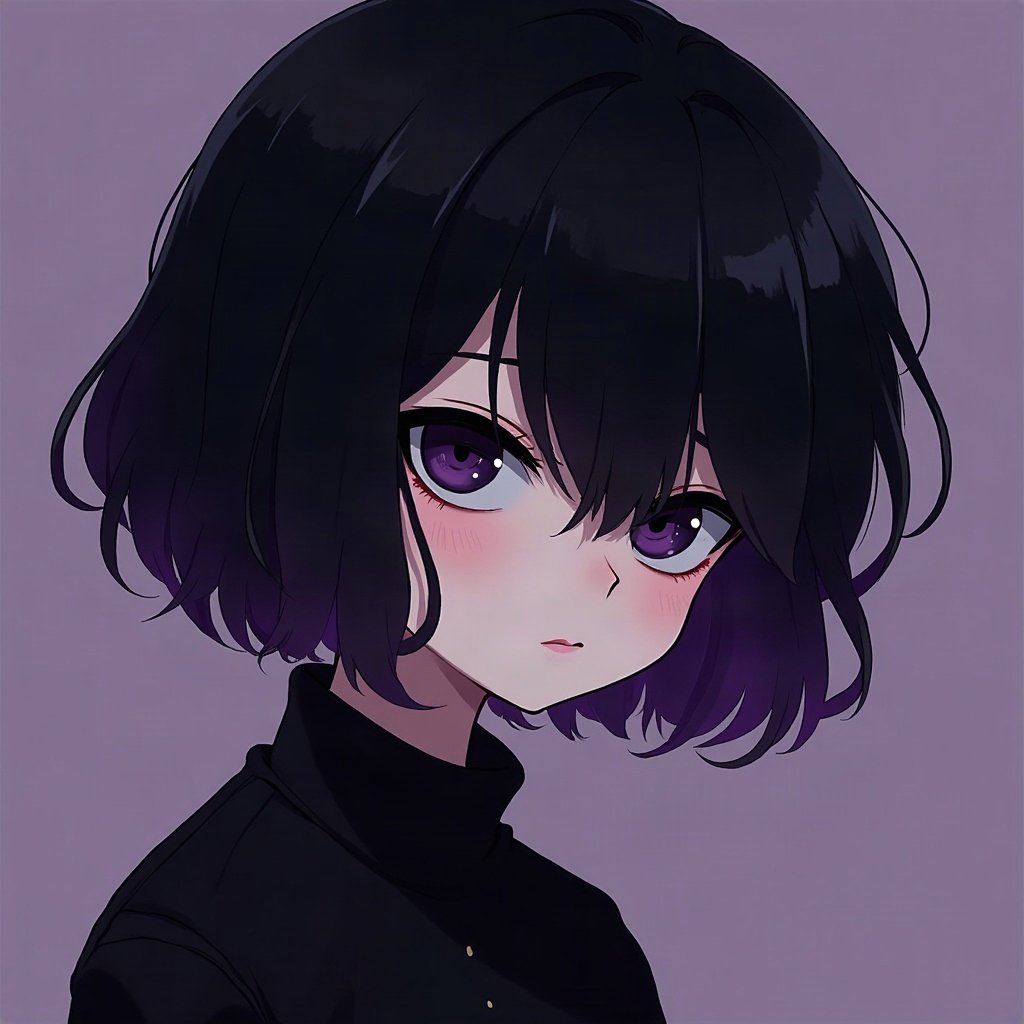 emo pfp — black hair with purple tips, distant moody stare, deep purple gradient