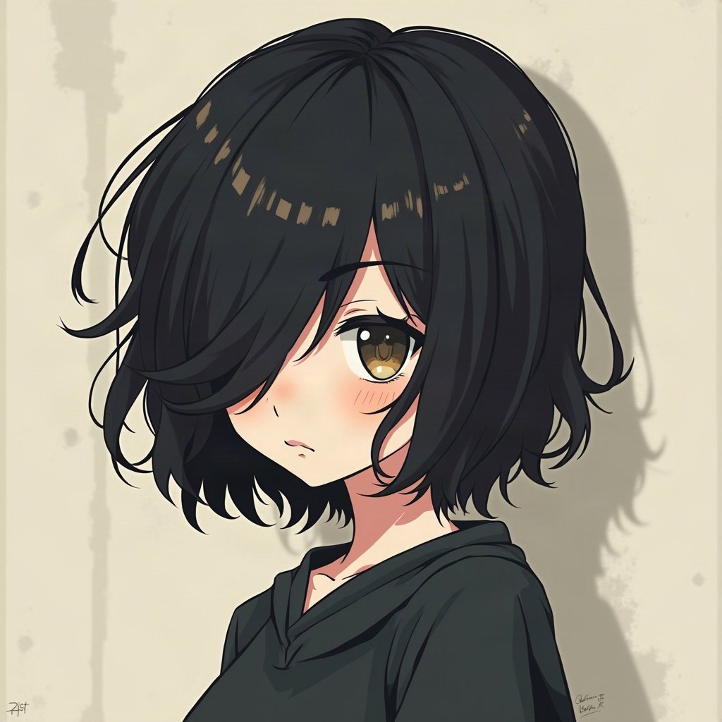 emo pfp — choppy dark layered hair, distant moody stare, band-poster style wall