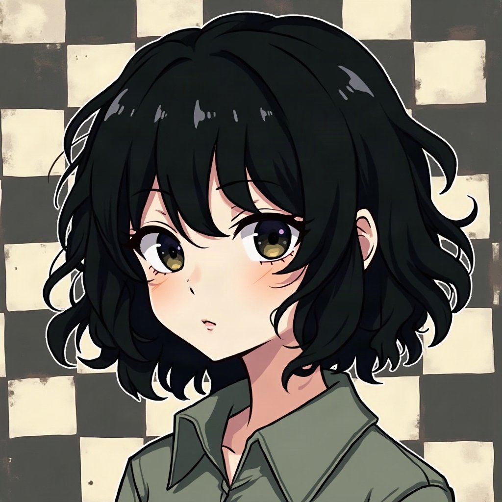 emo pfp — choppy dark layered hair, distant moody stare, checkerboard pattern background