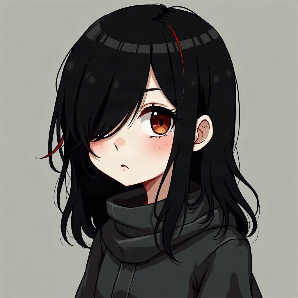 emo pfp — black hair with red streak, distant moody stare, dark grey grunge texture