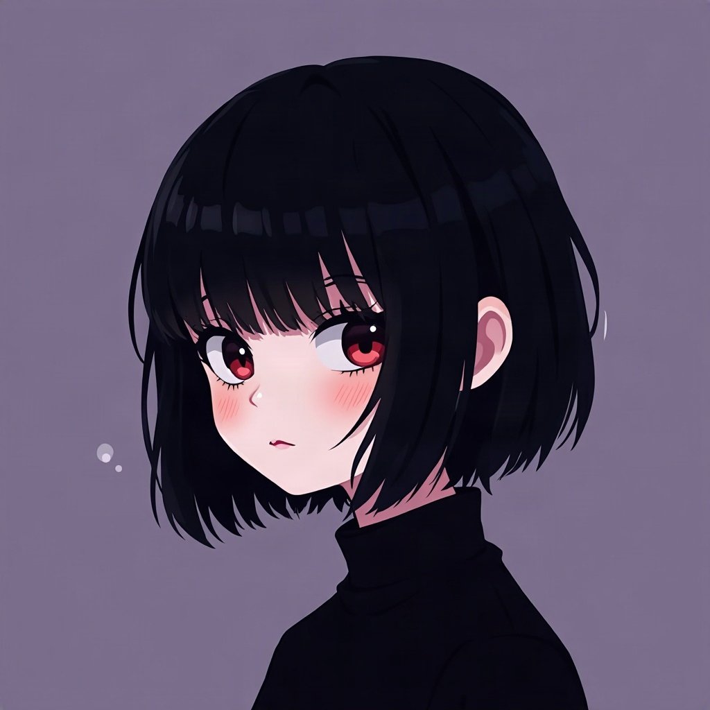 emo pfp — jet black side-swept fringe, soft sad half-smile, deep purple gradient