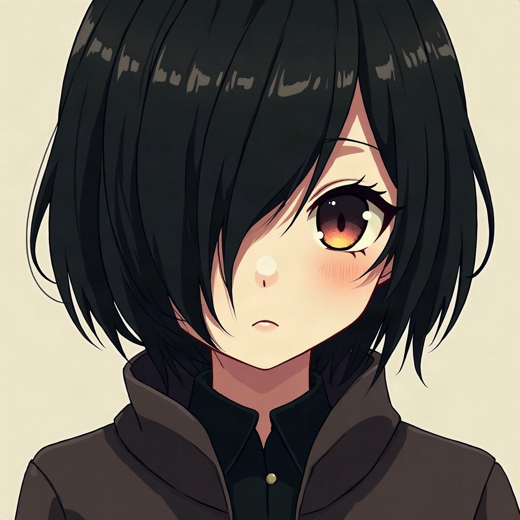 emo pfp — jet black side-swept fringe, distant moody stare, band-poster style wall