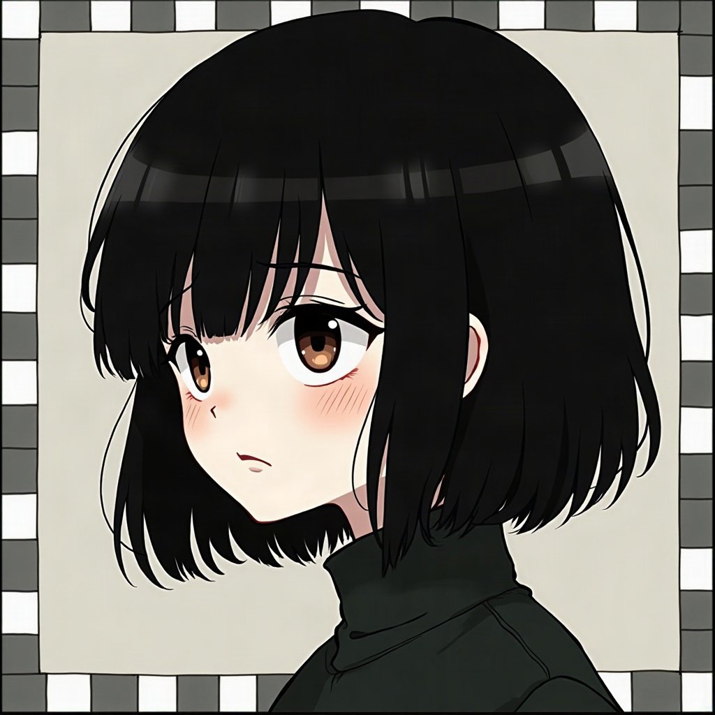 emo pfp — jet black side-swept fringe, soft sad half-smile, checkerboard pattern background