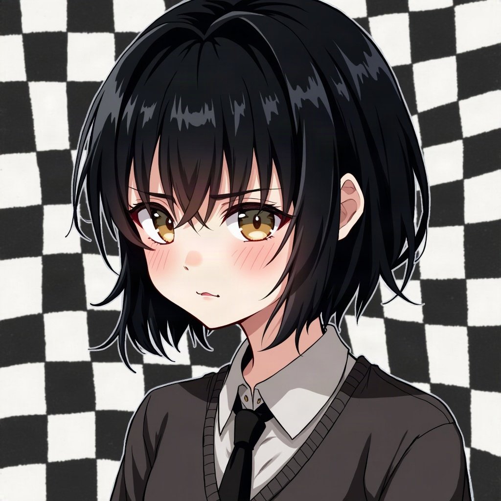 emo pfp — jet black side-swept fringe, soft sad half-smile, checkerboard pattern background