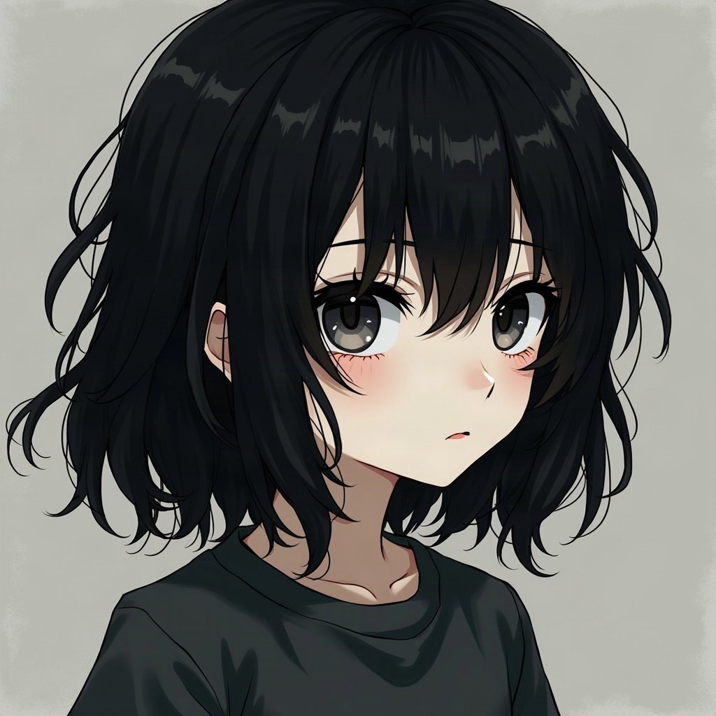 emo pfp — choppy dark layered hair, distant moody stare, dark grey grunge texture