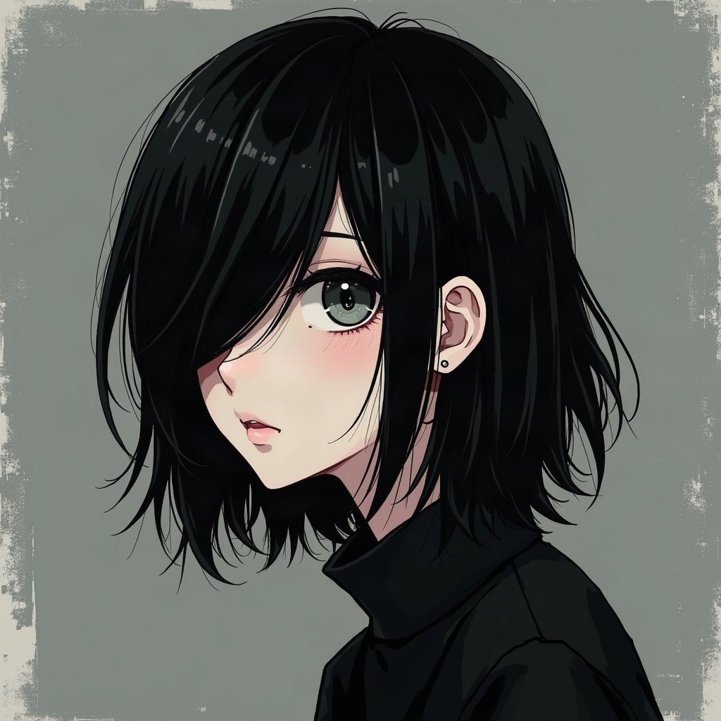 emo pfp — jet black side-swept fringe, distant moody stare, dark grey grunge texture