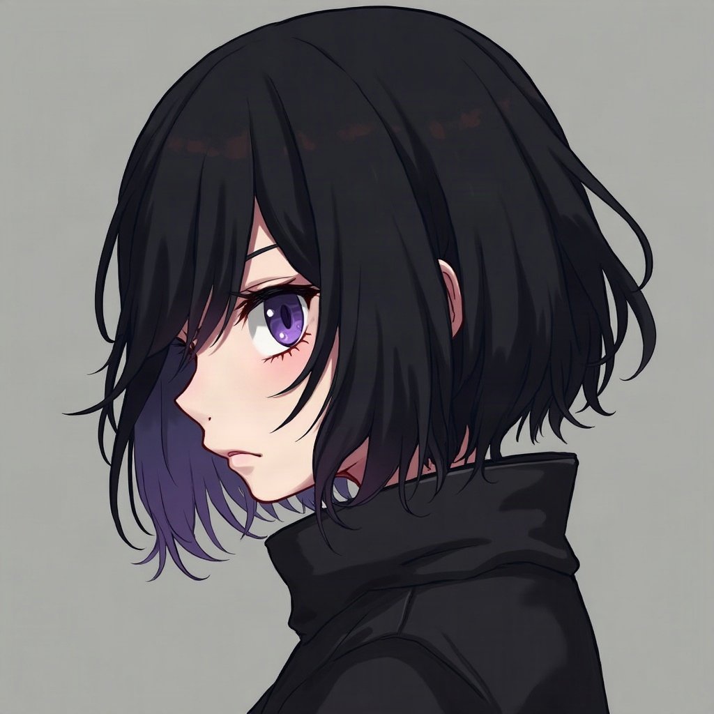 emo pfp — black hair with purple tips, distant moody stare, dark grey grunge texture