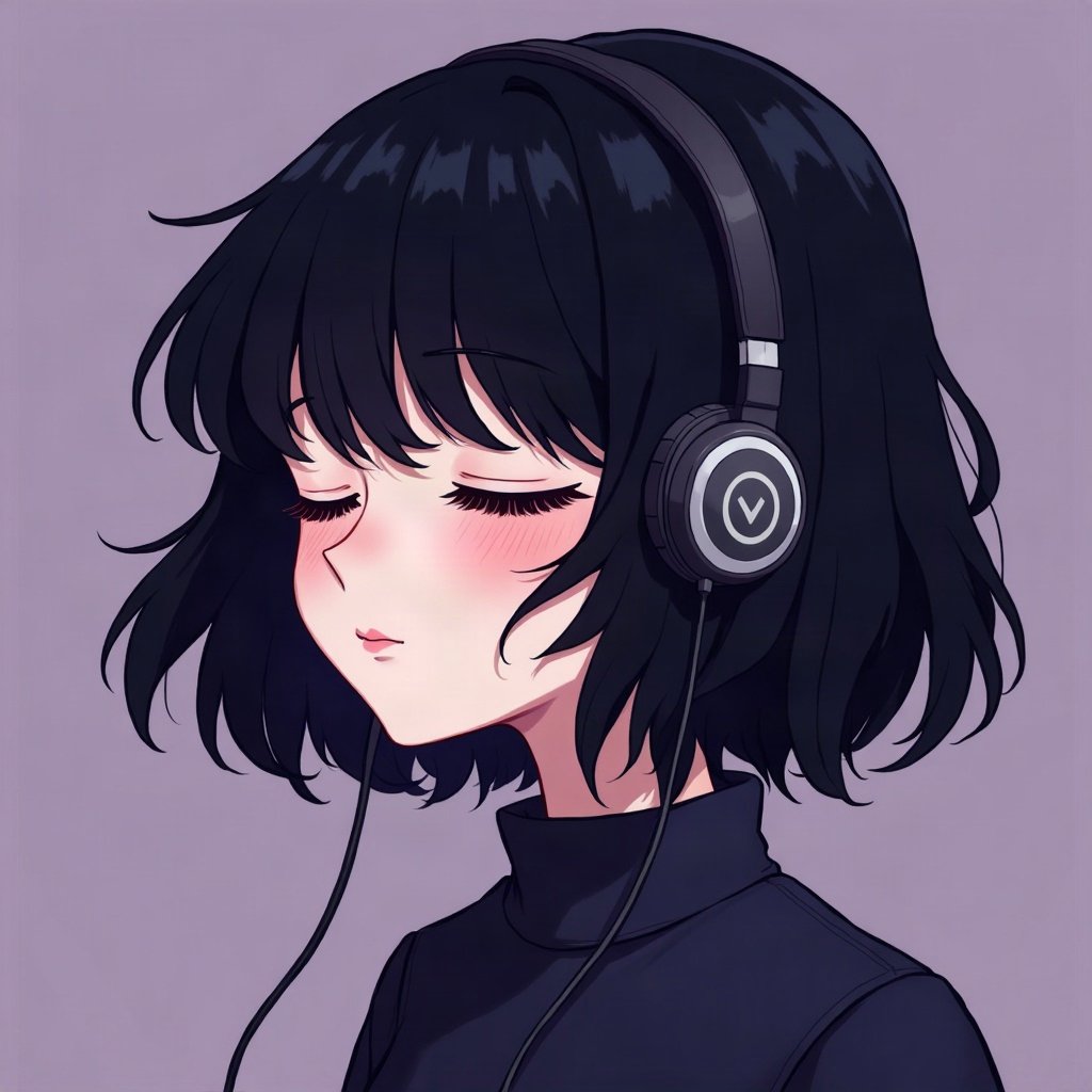 emo pfp — choppy dark layered hair, eyes closed listening to music with earbuds, deep purple gradient
