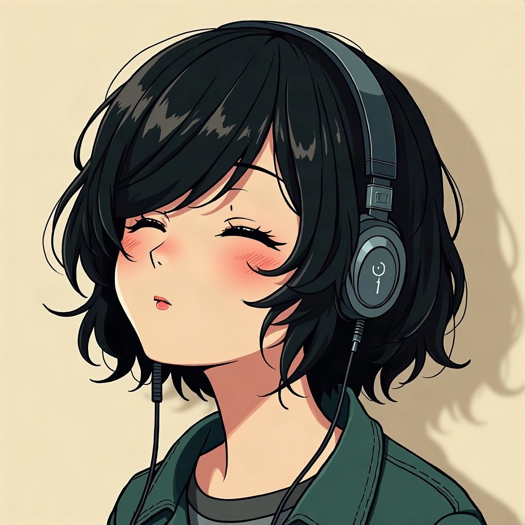 emo pfp — jet black side-swept fringe, eyes closed listening to music with earbuds, band-poster style wall