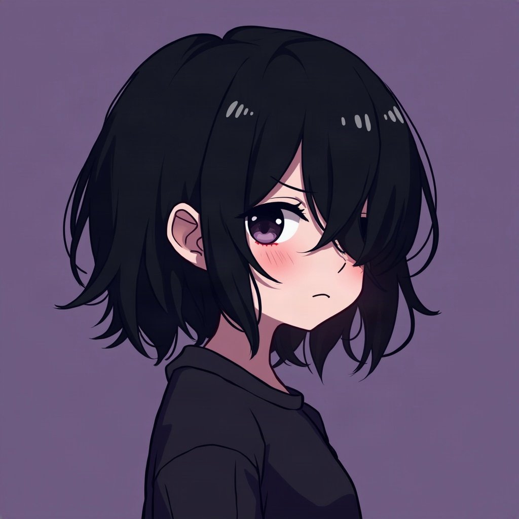 emo pfp — choppy dark layered hair, soft sad half-smile, deep purple gradient
