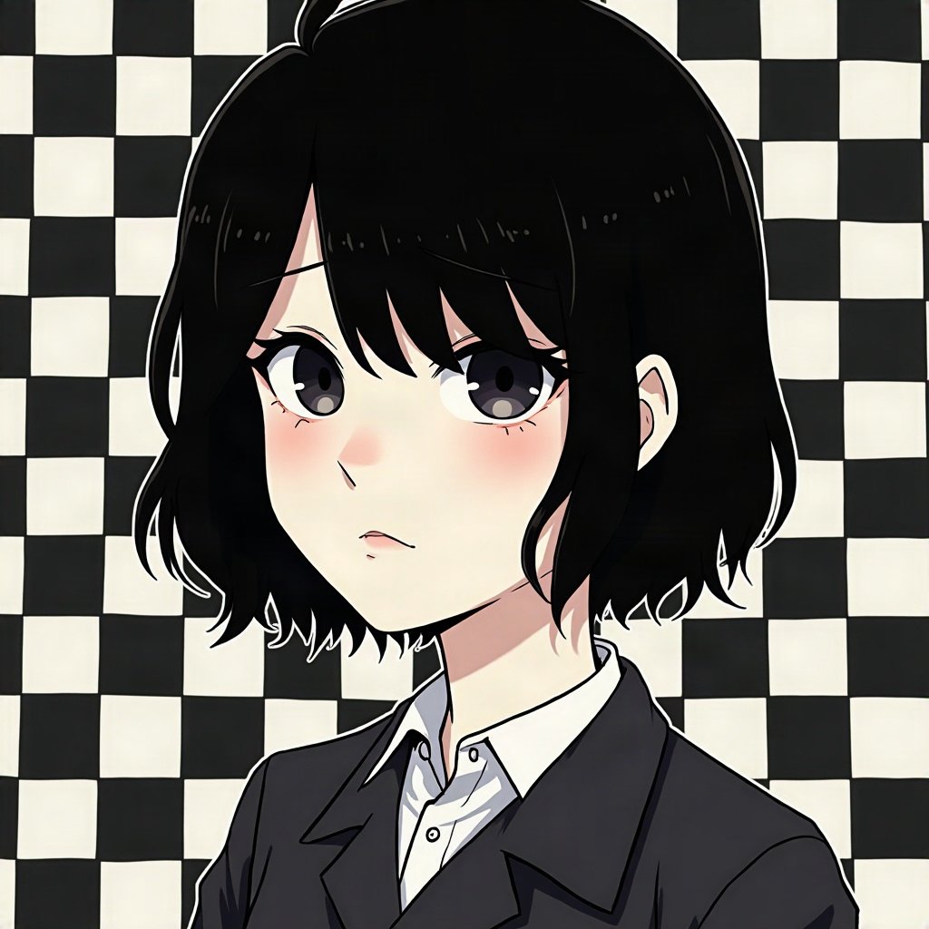 emo pfp — jet black side-swept fringe, soft sad half-smile, checkerboard pattern background