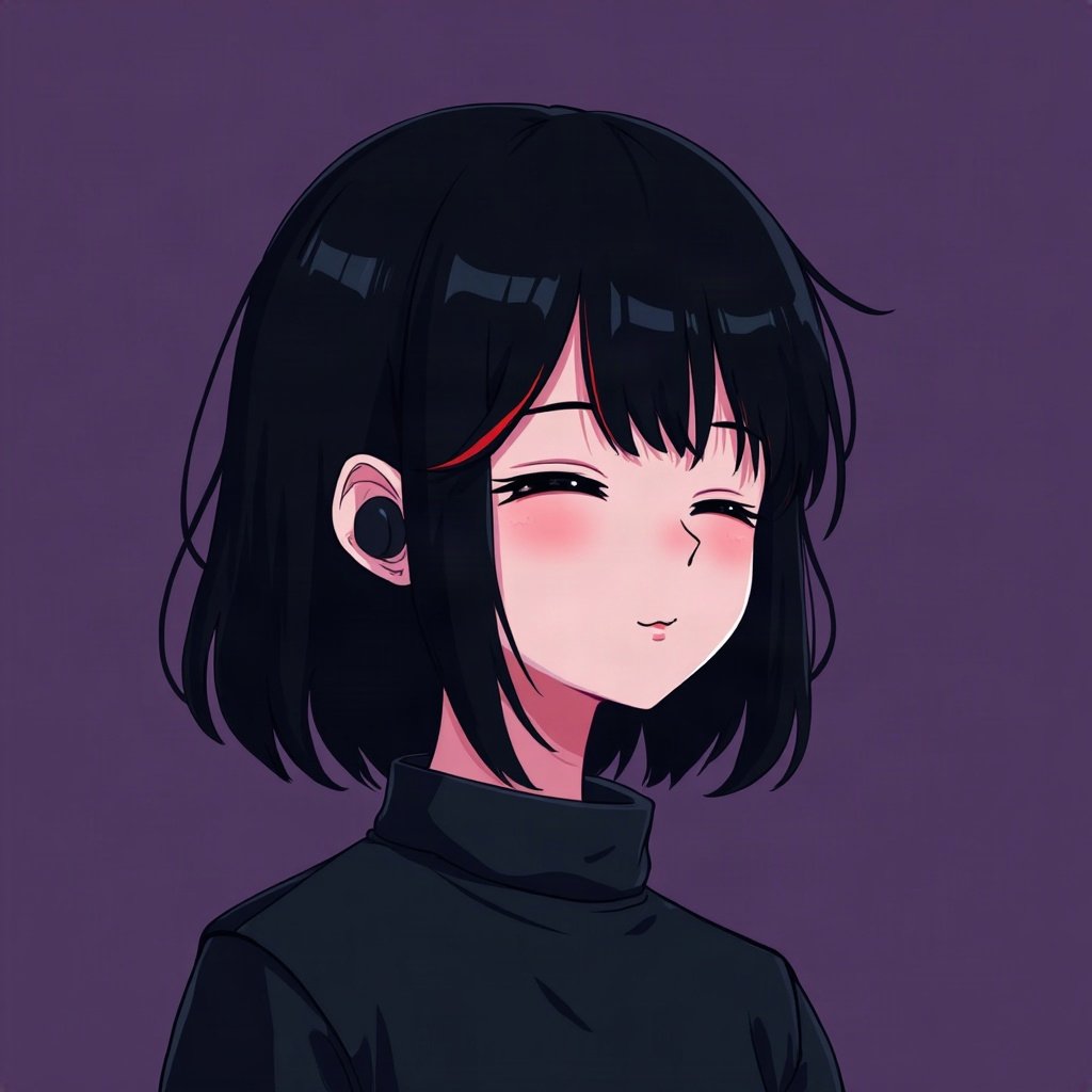 emo pfp — black hair with red streak, eyes closed listening to music with earbuds, deep purple gradient