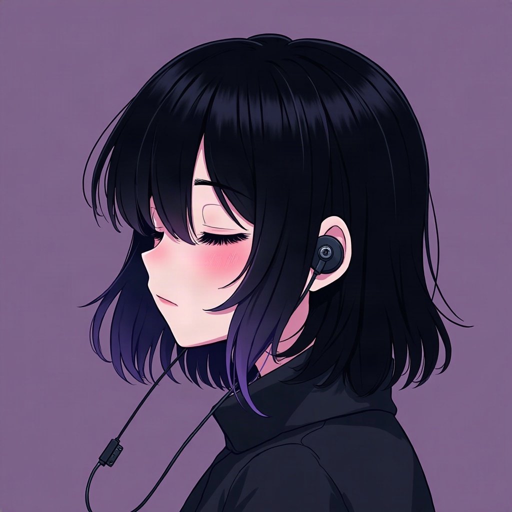 emo pfp — black hair with purple tips, eyes closed listening to music with earbuds, deep purple gradient