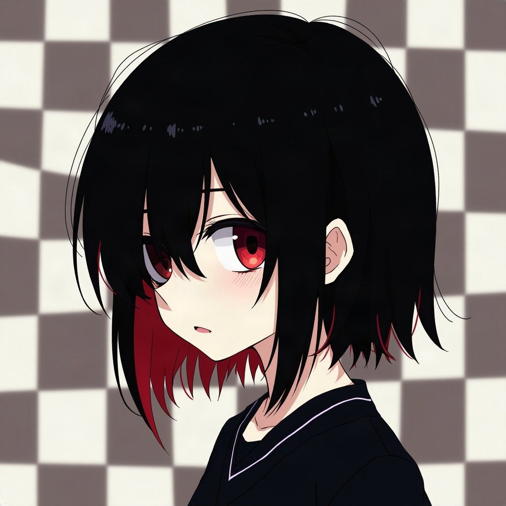 emo pfp — black hair with red streak, distant moody stare, checkerboard pattern background