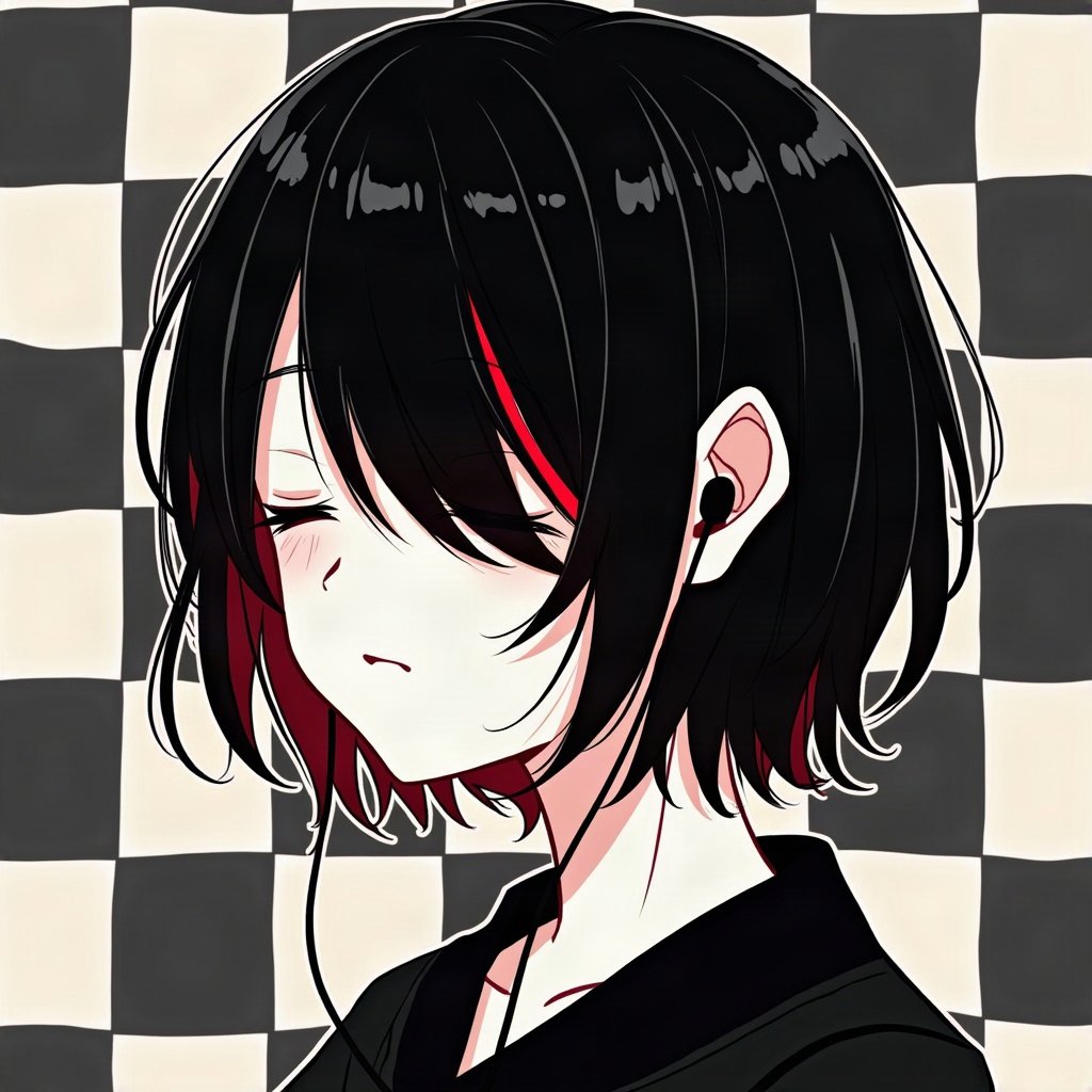 emo pfp — black hair with red streak, eyes closed listening to music with earbuds, checkerboard pattern background