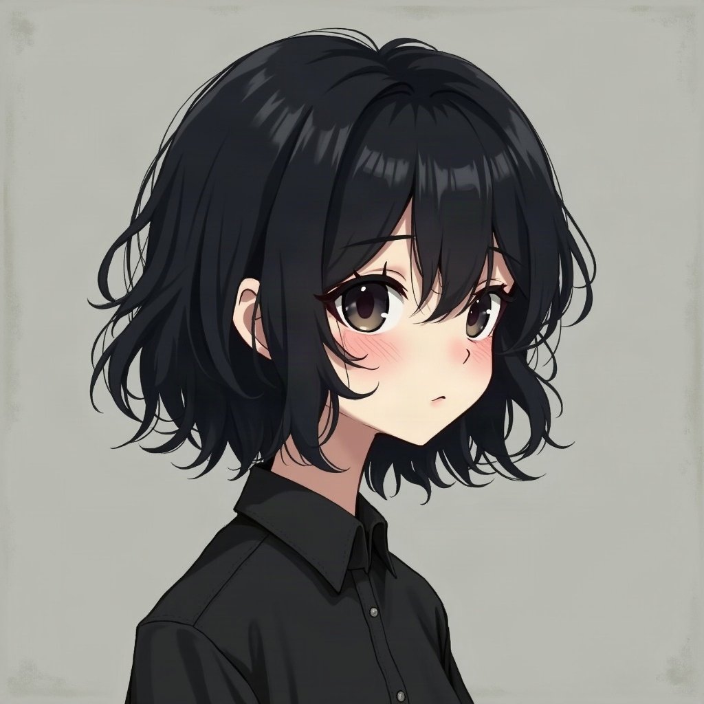 emo pfp — choppy dark layered hair, soft sad half-smile, dark grey grunge texture