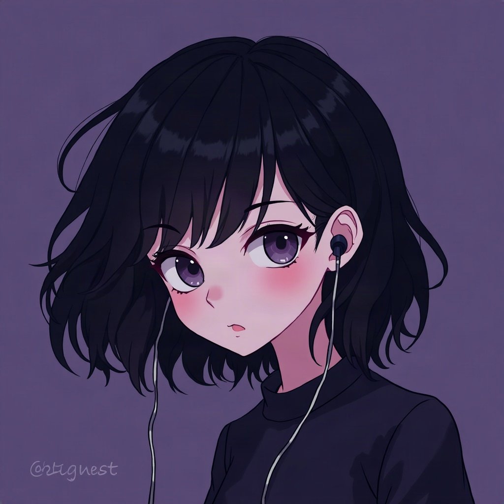 emo pfp — choppy dark layered hair, eyes closed listening to music with earbuds, deep purple gradient