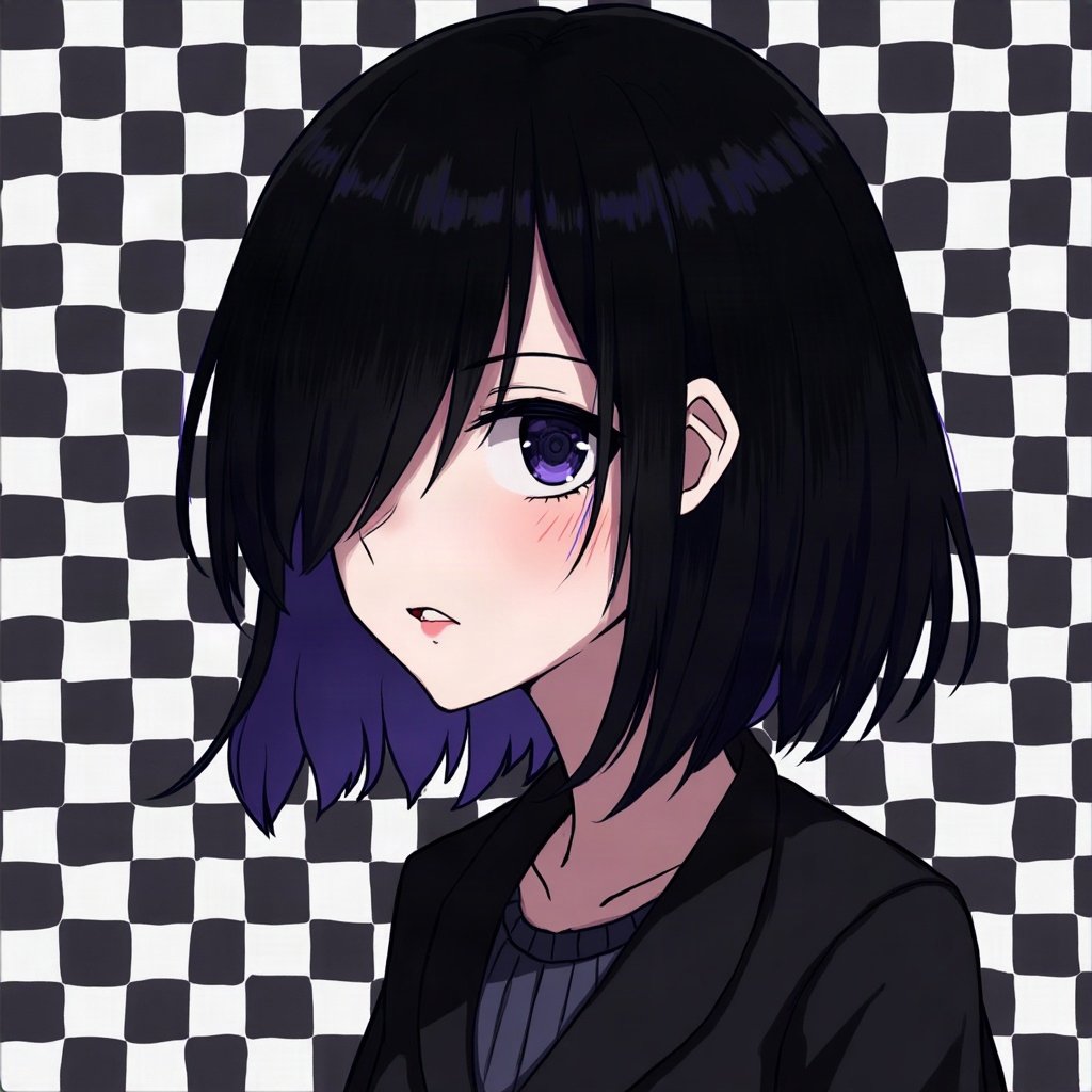 emo pfp — black hair with purple tips, distant moody stare, checkerboard pattern background