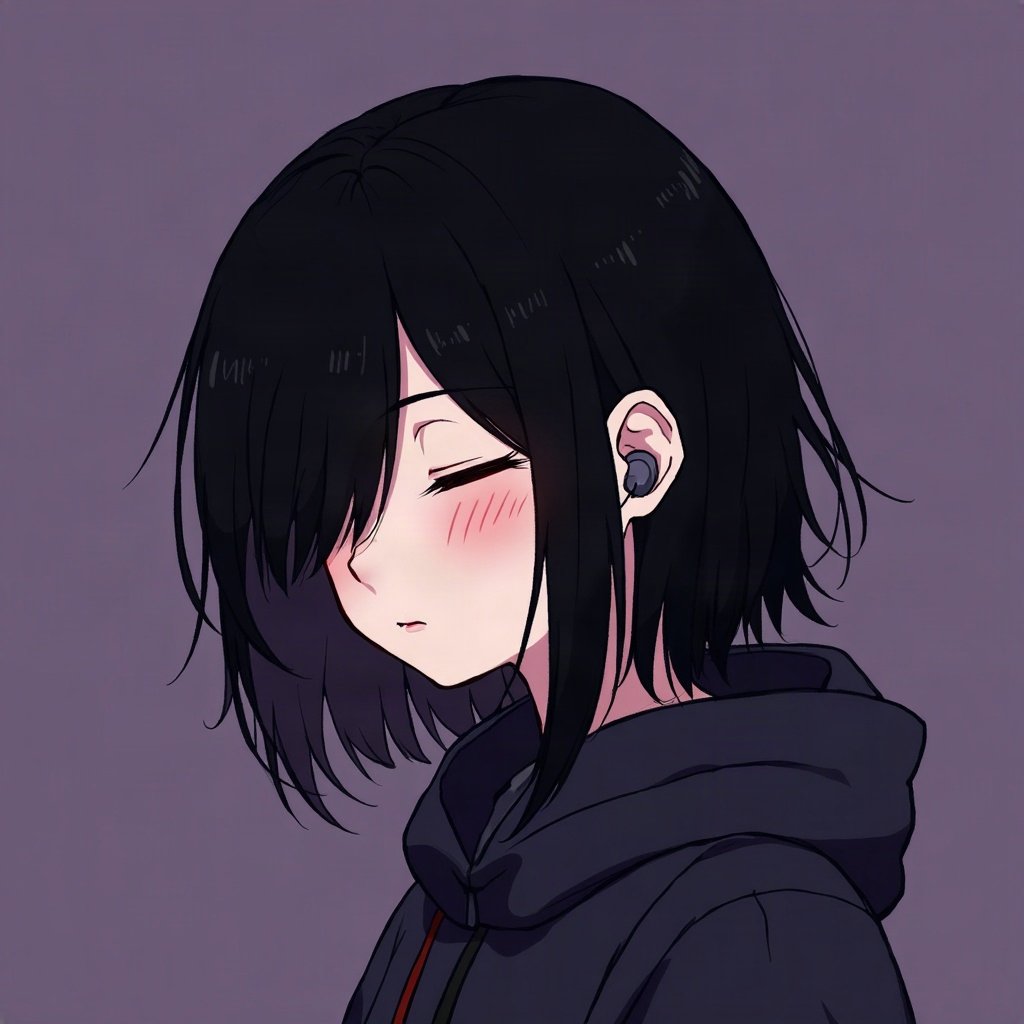 emo pfp — black hair with red streak, eyes closed listening to music with earbuds, deep purple gradient