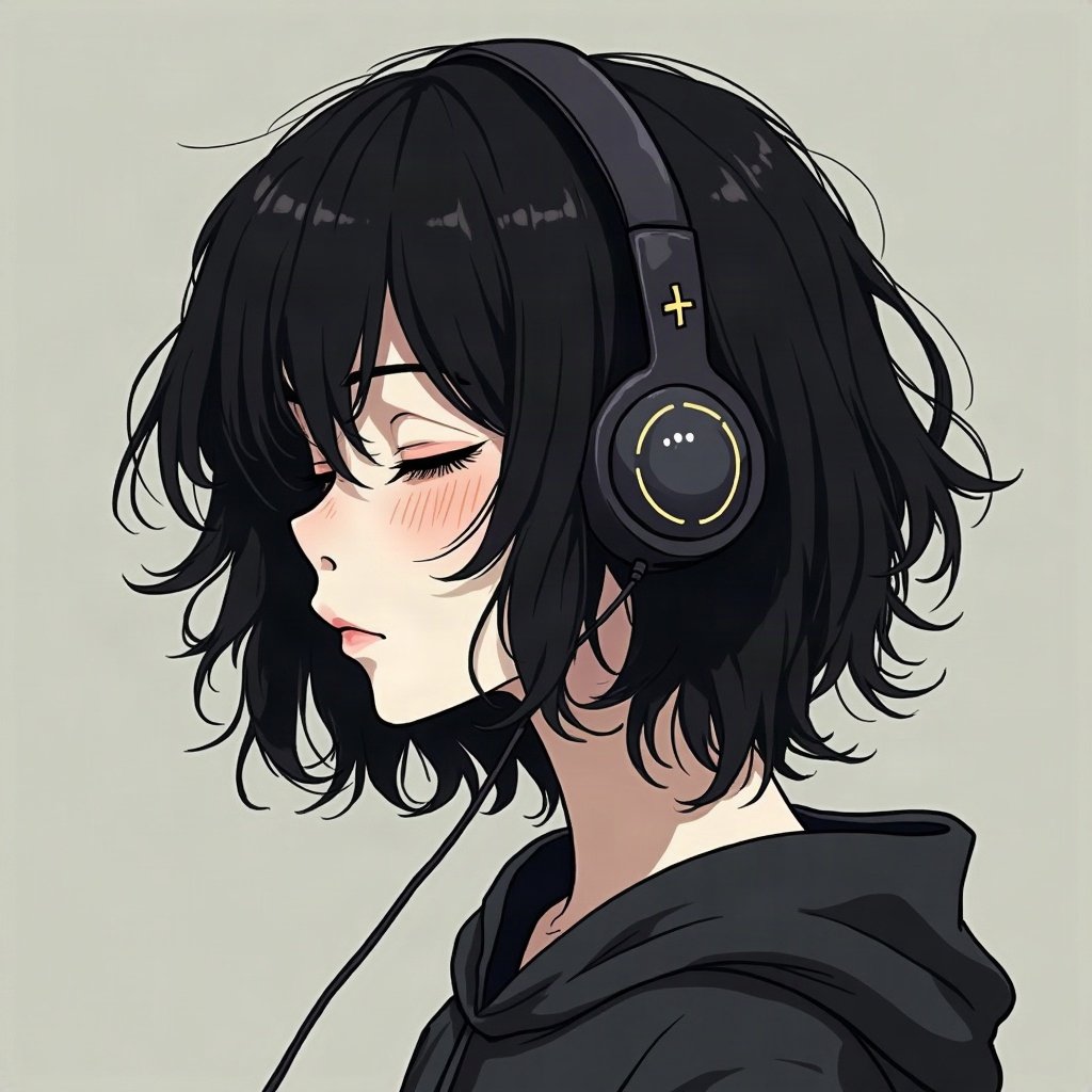 emo pfp — choppy dark layered hair, eyes closed listening to music with earbuds, dark grey grunge texture