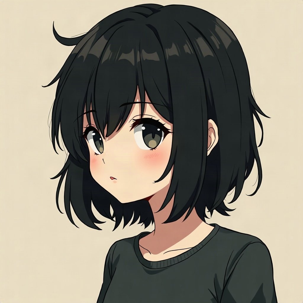 emo pfp — choppy dark layered hair, distant moody stare, band-poster style wall