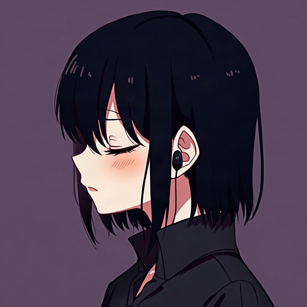 emo pfp — black hair with red streak, eyes closed listening to music with earbuds, deep purple gradient