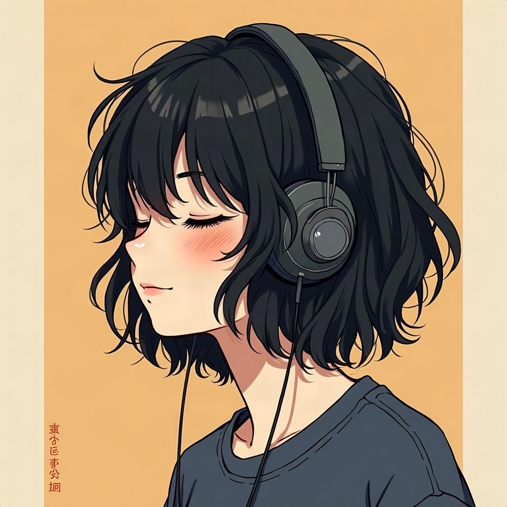 emo pfp — choppy dark layered hair, eyes closed listening to music with earbuds, band-poster style wall