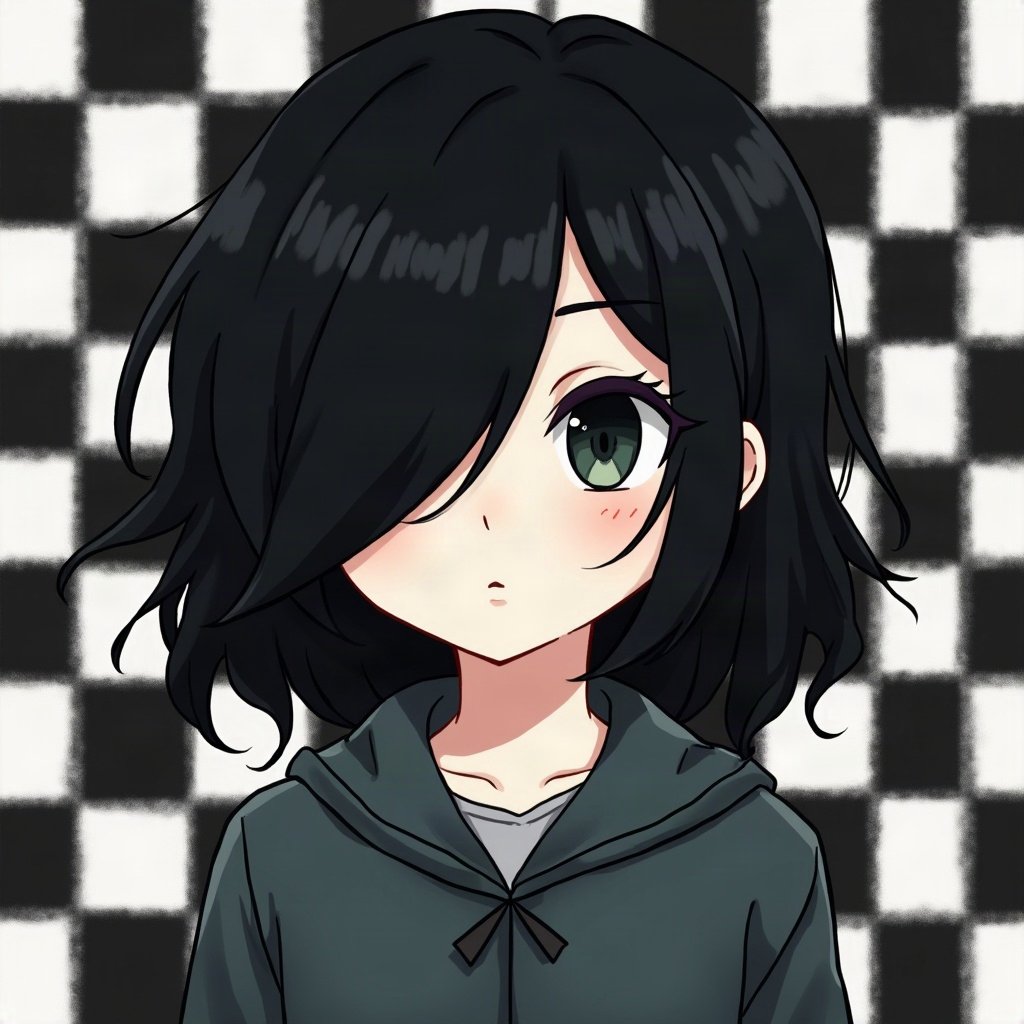 emo pfp — jet black side-swept fringe, distant moody stare, checkerboard pattern background