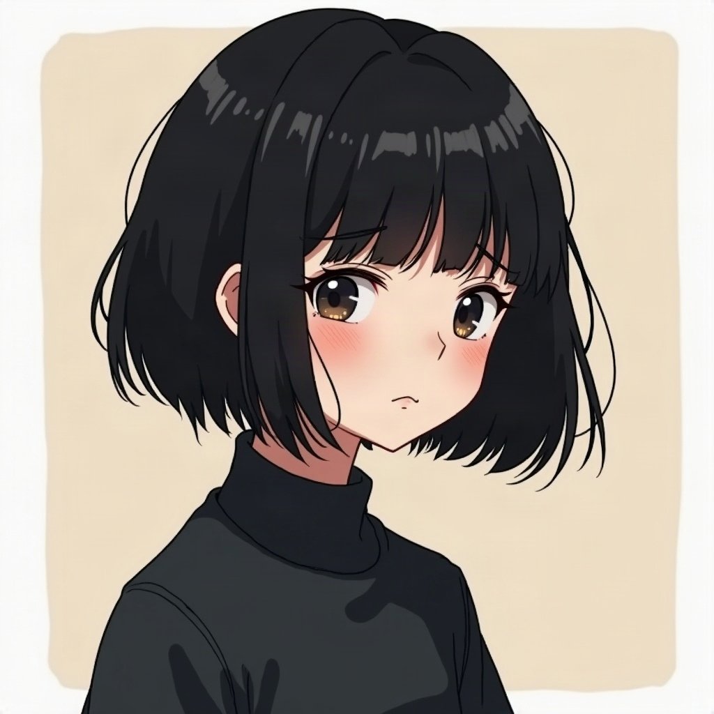 emo pfp — jet black side-swept fringe, soft sad half-smile, band-poster style wall