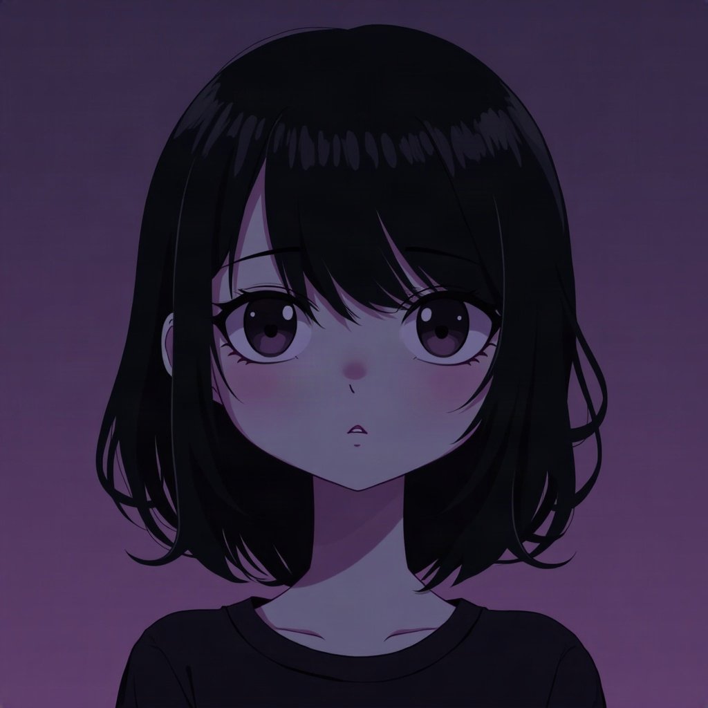 emo pfp — jet black side-swept fringe, distant moody stare, deep purple gradient