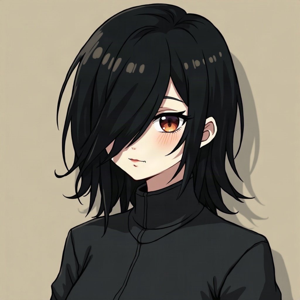emo pfp — jet black side-swept fringe, distant moody stare, band-poster style wall