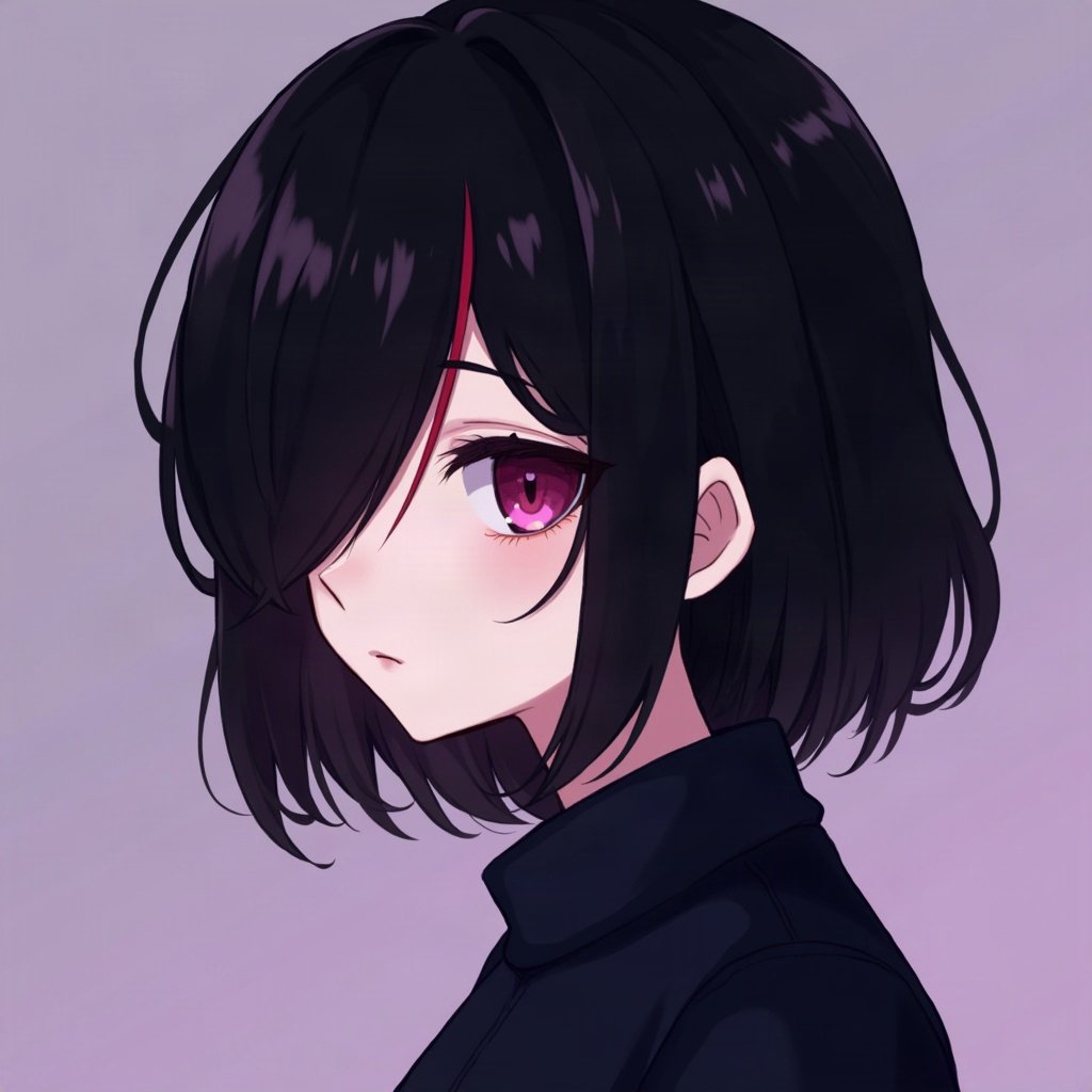 emo pfp — black hair with red streak, soft sad half-smile, deep purple gradient