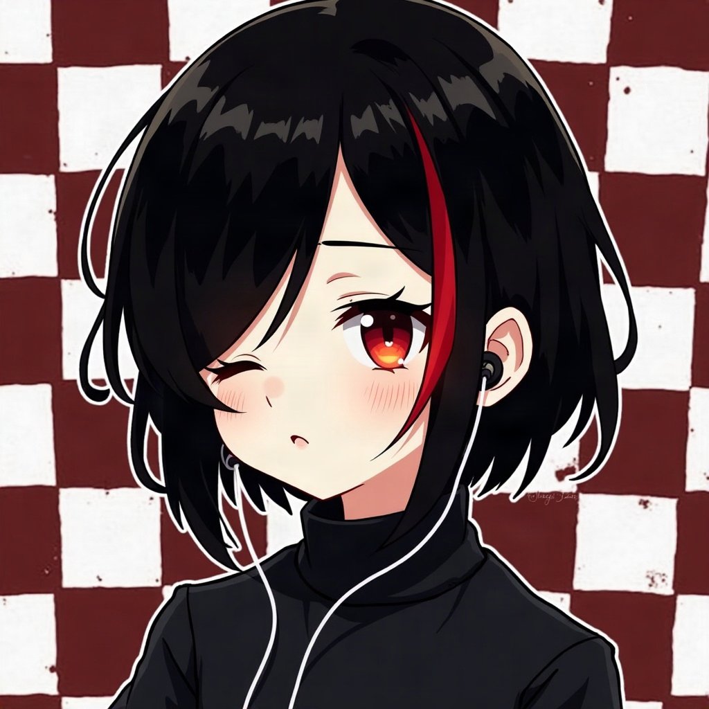 emo pfp — black hair with red streak, eyes closed listening to music with earbuds, checkerboard pattern background