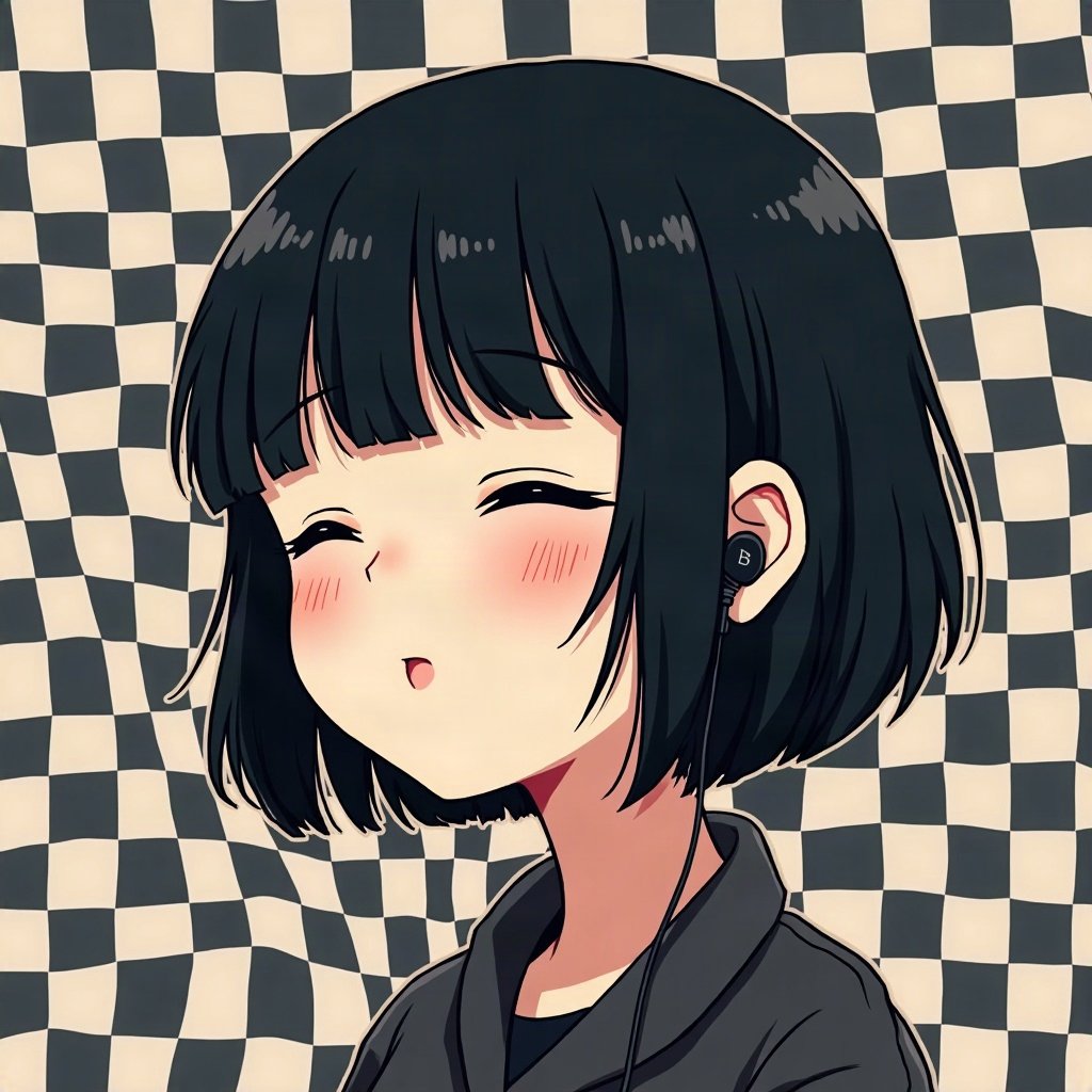 emo pfp — jet black side-swept fringe, eyes closed listening to music with earbuds, checkerboard pattern background